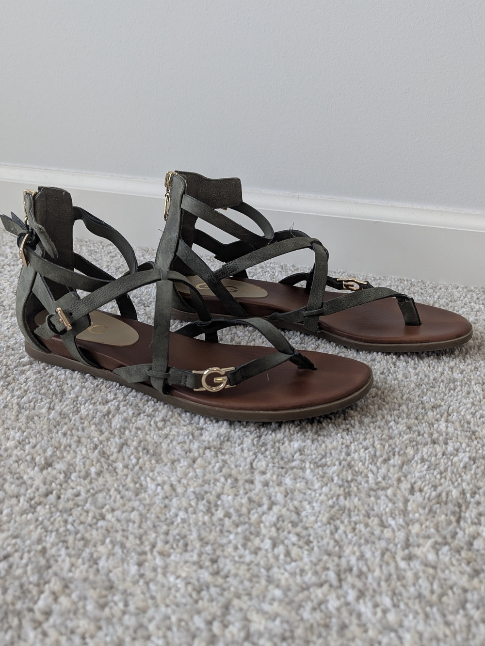 Olive Strappy Gladiator Sandals with Gold Accent